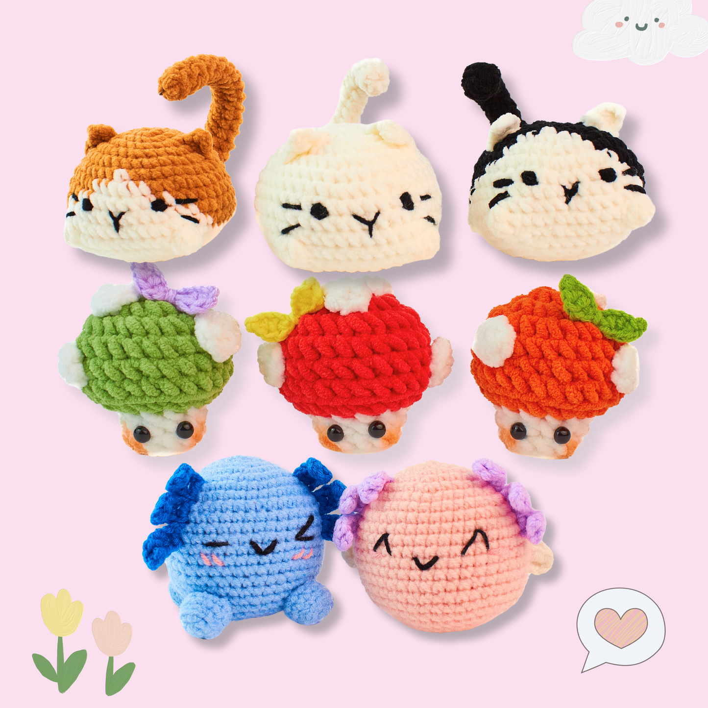 Whimsy Trio: Cat, Mushie & Axolotl Crochet Pattern