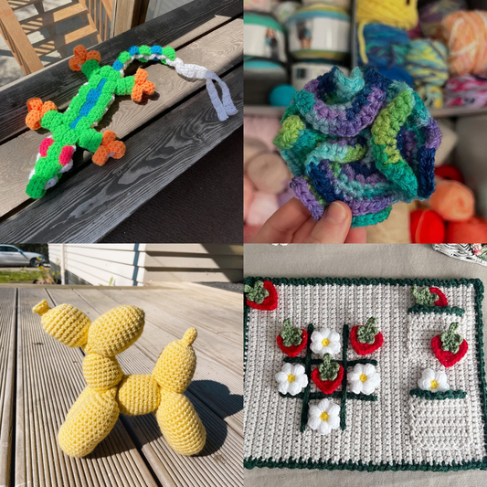 Combo 4in1 Timeless Treasures Crochet Pack (90s Retro Gecko, Balloon Dog, Tic-Tac-Toe Game & Spiral Fidget)