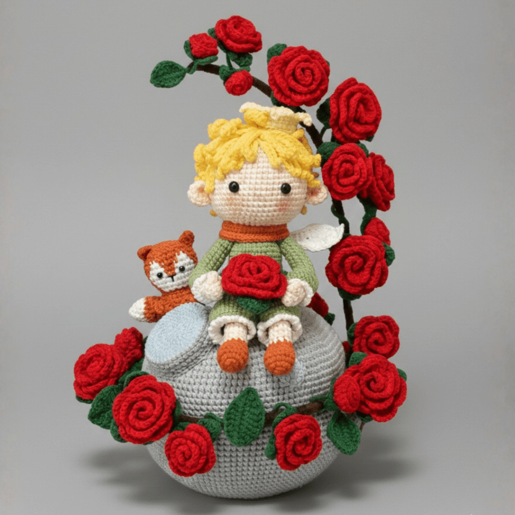 Finished Little Prince Crochet Amigurumi Toy with Fox and Rose